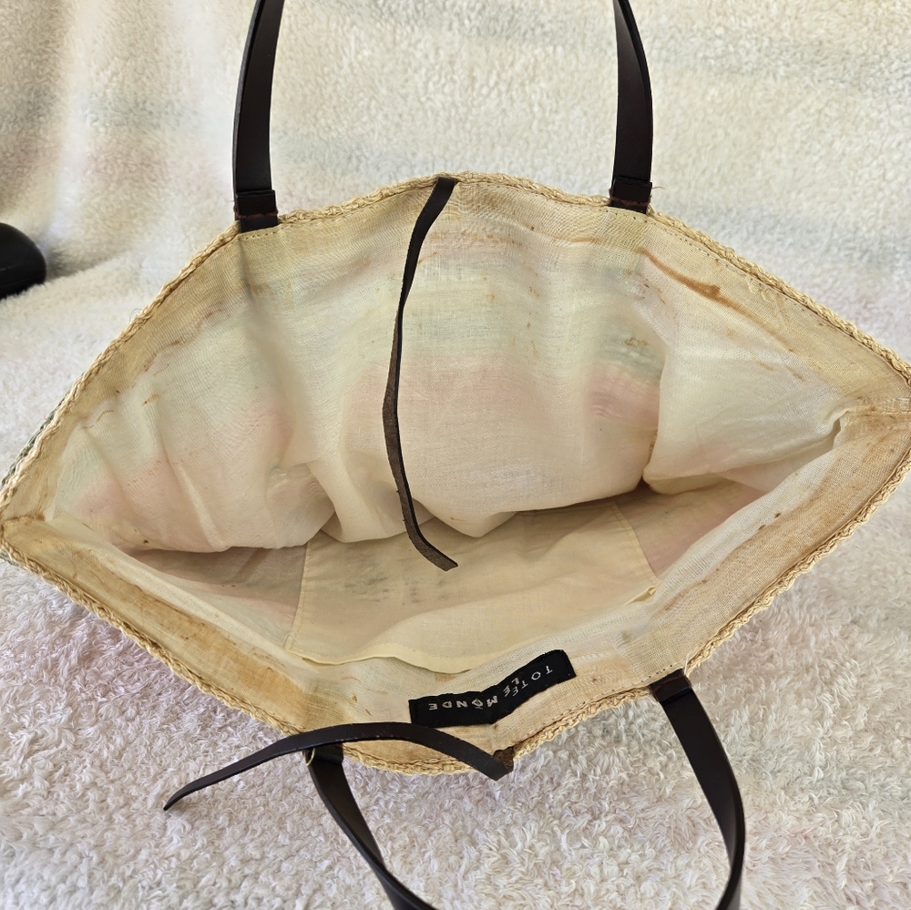 Tote Le Monde Striped Pink and Green Raffia Woven Tote Bag - Picture 7 of 8